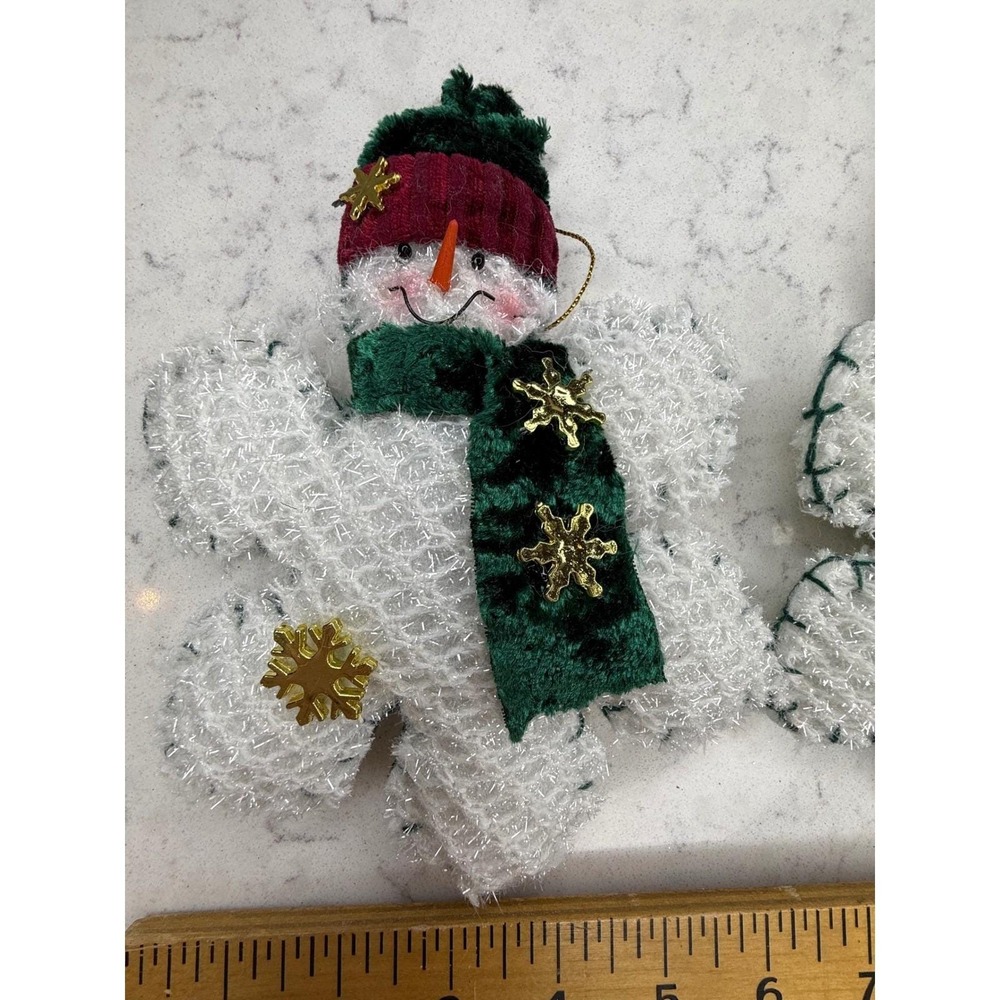 Set Of 2 Snowman Christmas Ornaments Plush White Scarf Hat Glitter Snowflake - Picture 2 of 6